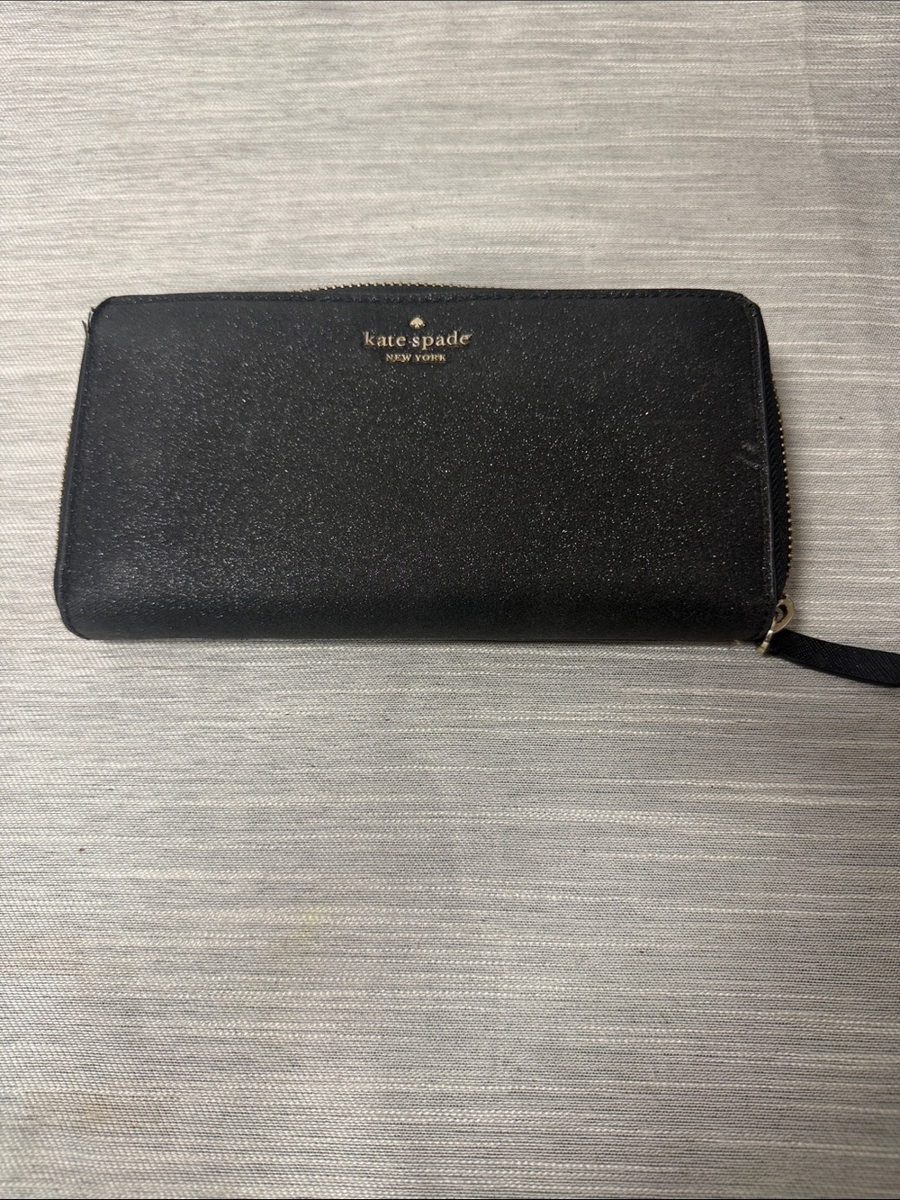 kate spade Black Glitter Zip Wallet with Gold Logo